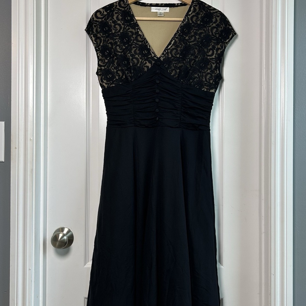 Coldwater Creek Black Lace Illusion Bodice Ruched Waist Midi Dress Gothic Style
